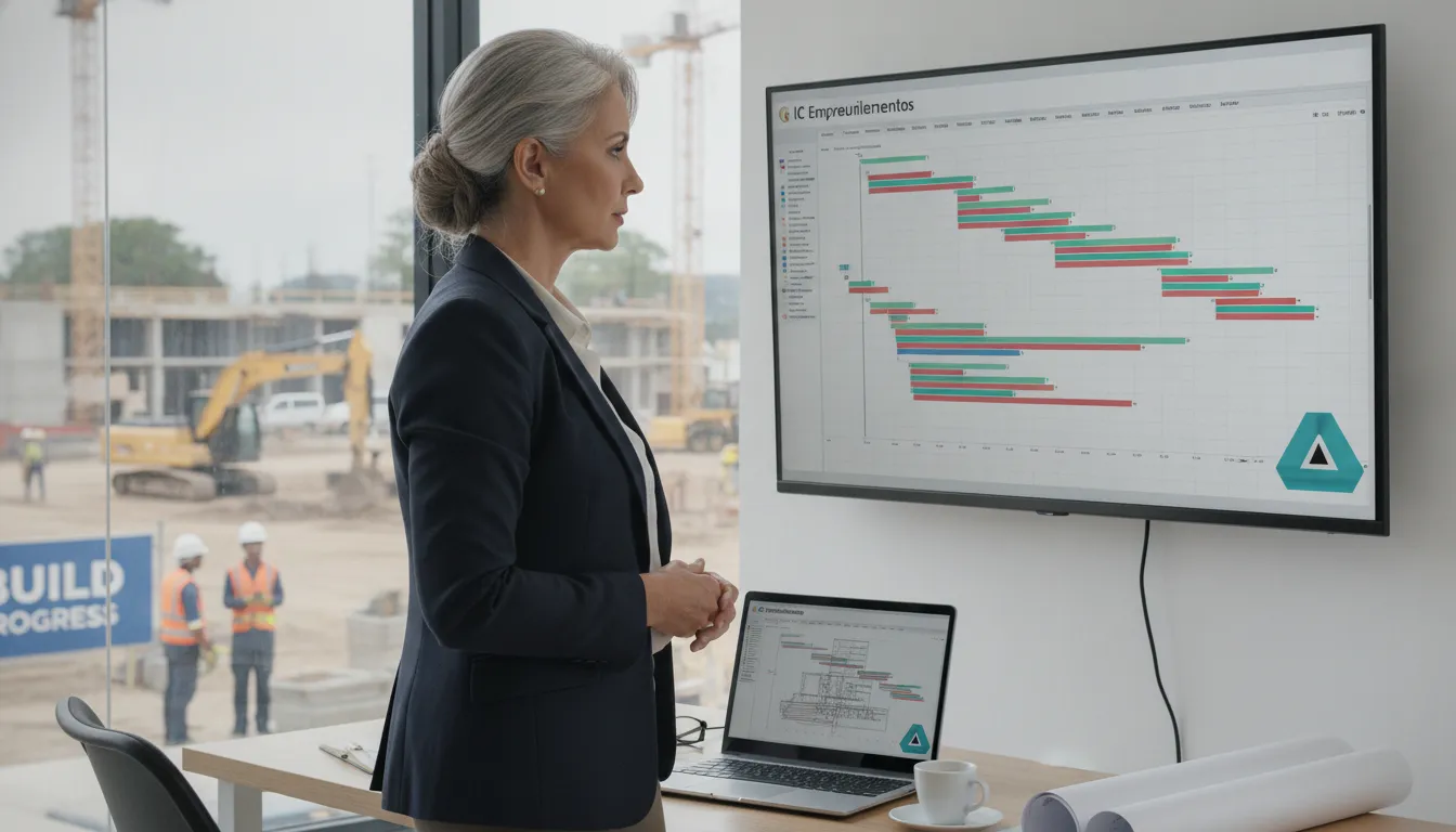 Gerente de projeto revisa cronograma, garantindo eficiência na empresa de construção civil de alto padrão.