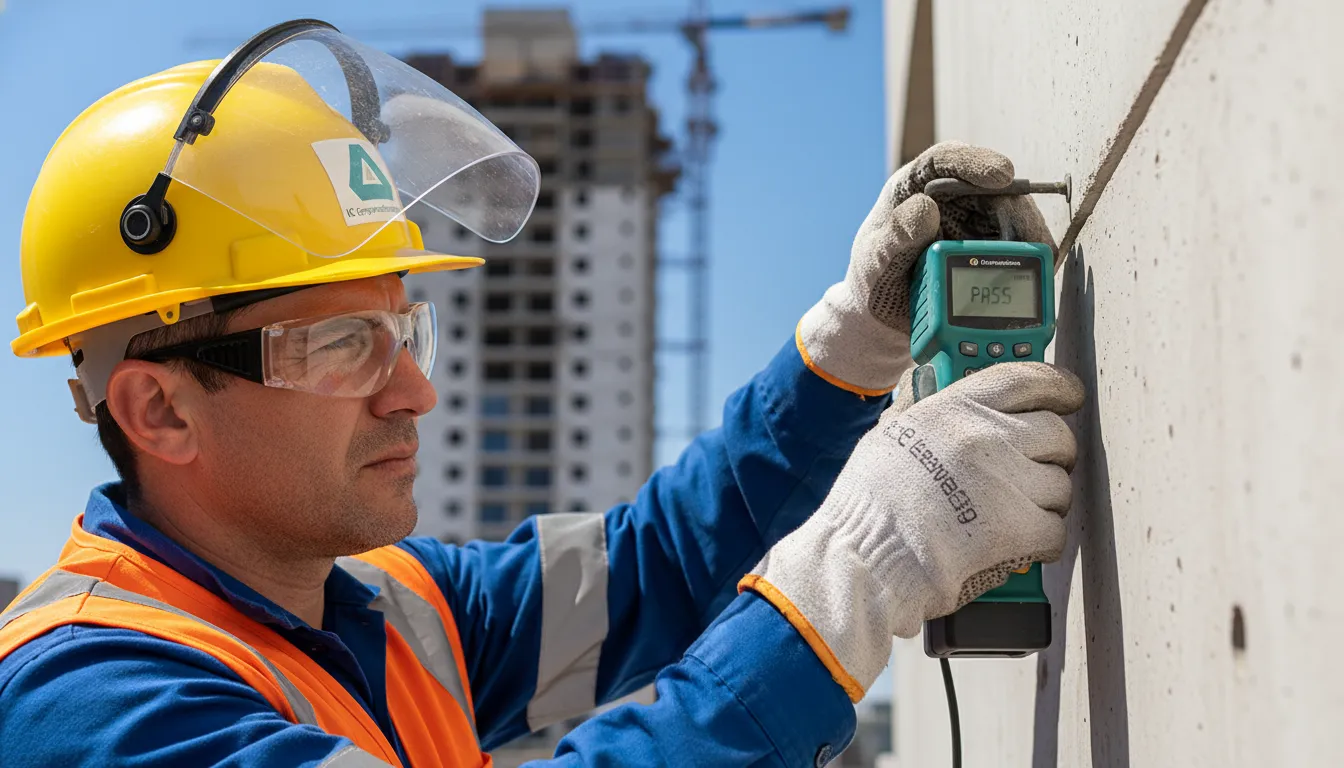 Trabalhador com EPI opera ferramenta de qualidade em fachada, detalhe essencial para empresa de construção civil.