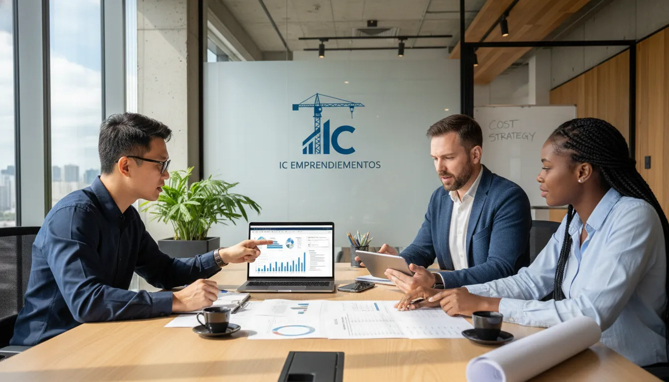 Equipe de engenheiros e arquitetos colabora em orçamento de obras para empresas de construção civil.