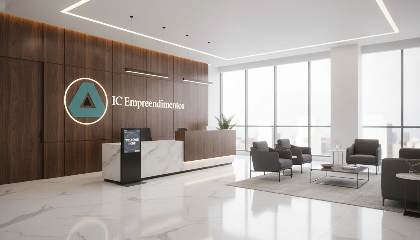 Renderização 3D de interior comercial de alto padrão, visualizando detalhes do projeto e orçamento de obras.