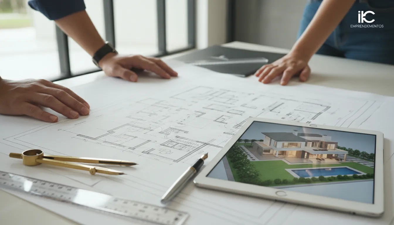 Mãos de arquitetos analisando planta detalhada, fundamental dica construção para planejamento de obras.