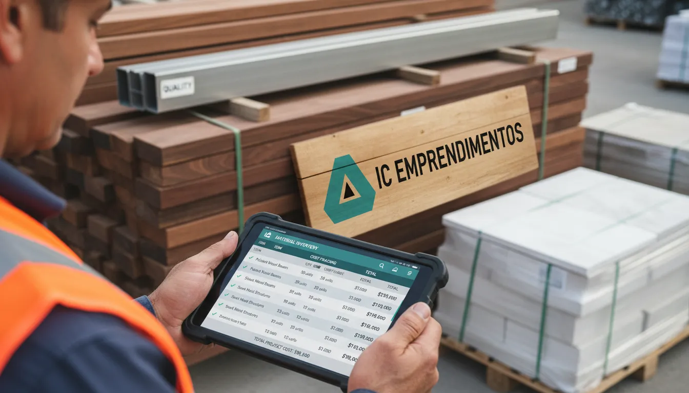 Mãos de trabalhador usando tablet para controle de custos e materiais em empresas construção civil.