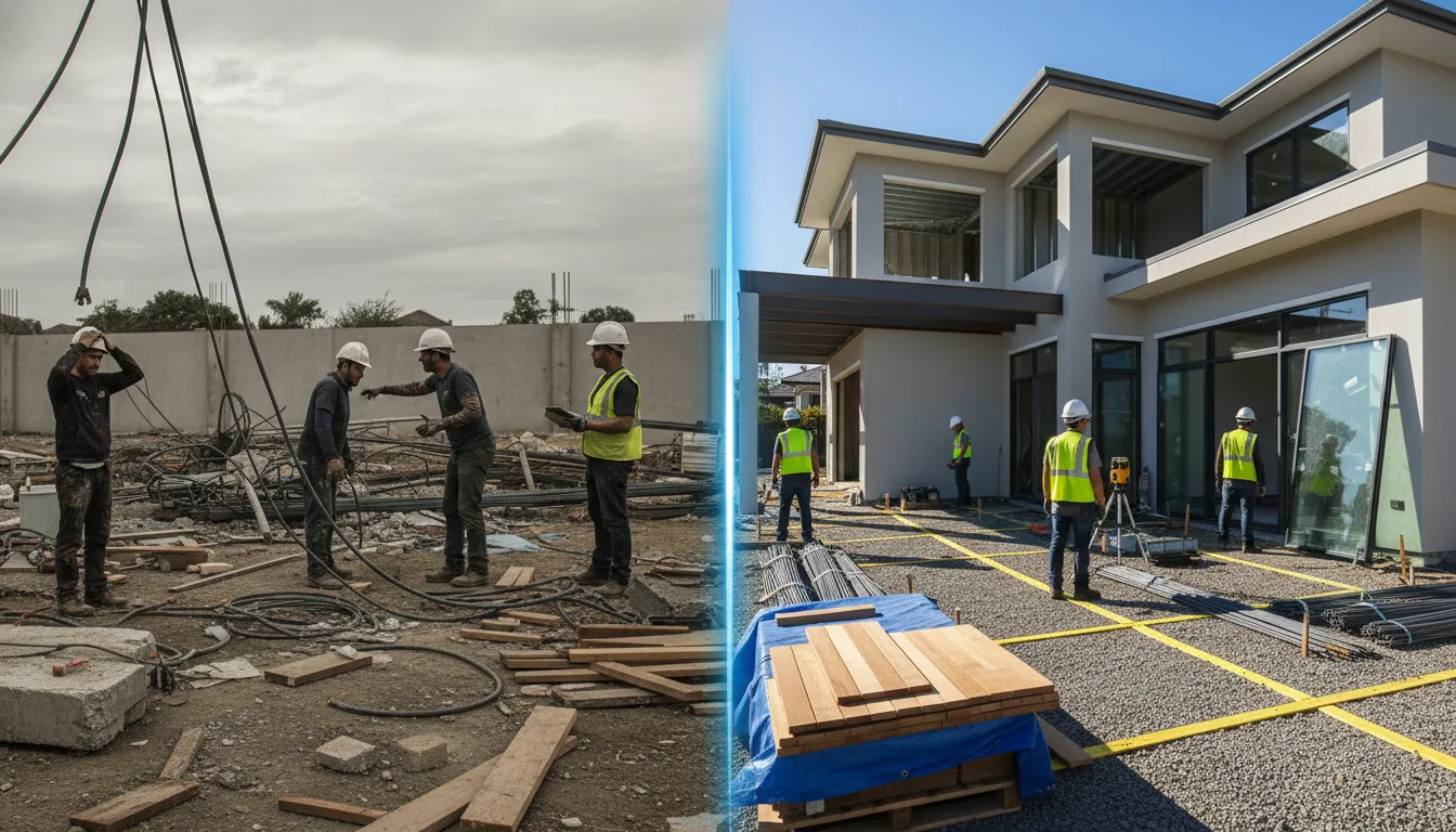 Comparativo: canteiro de obra desorganizado versus organizado, uma dica construção para eficiência e qualidade.