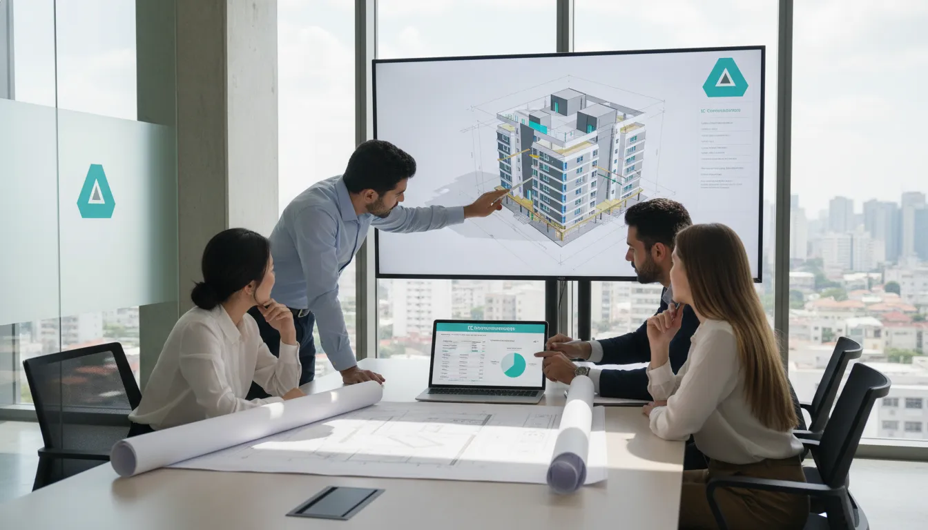 Equipe de engenheiros e clientes revisando projeto de construção, garantindo um orçamento de obras preciso.