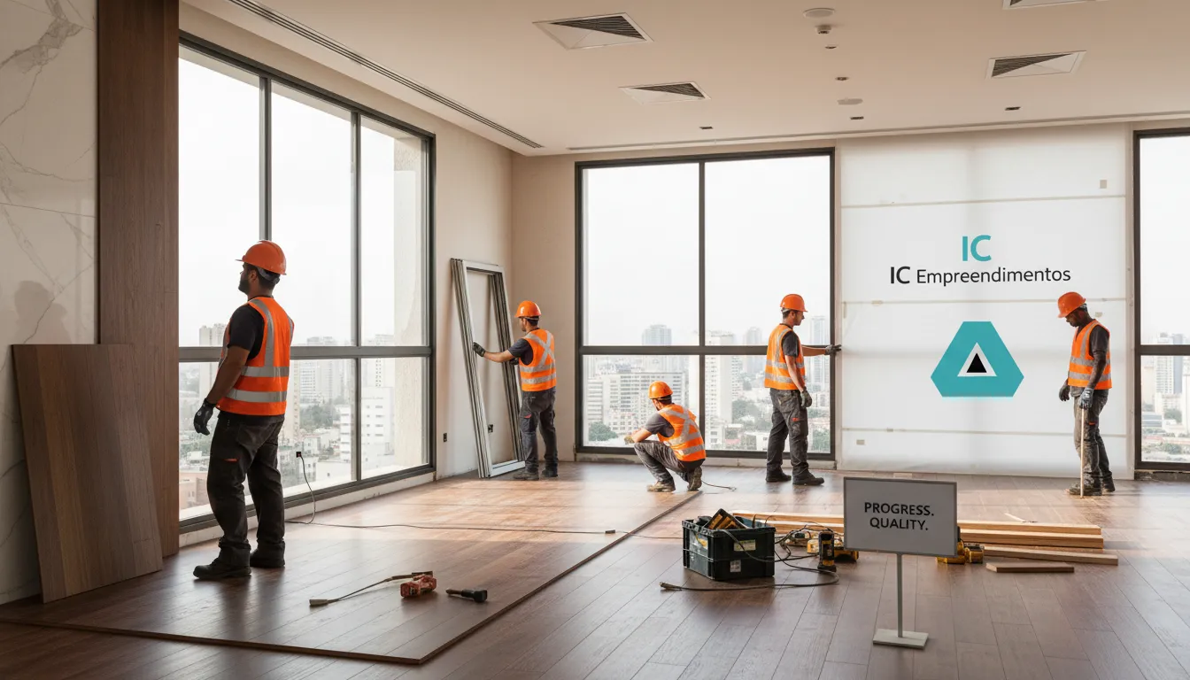 Canteiro de obras avançado com trabalhadores experientes, demonstrando execução e controle de orçamento de obras.
