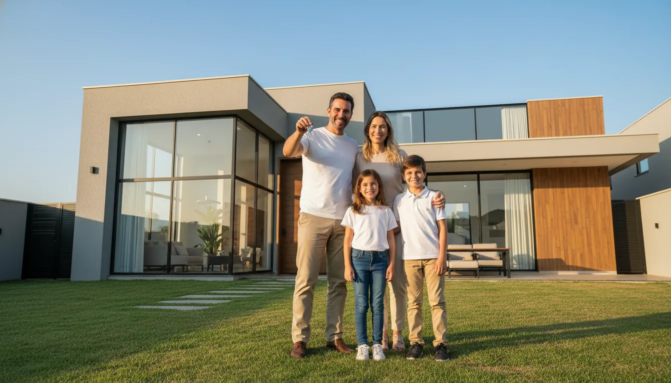 Família feliz em frente à sua nova casa de luxo, resultado de uma dica construção bem-sucedida e sem estresse.