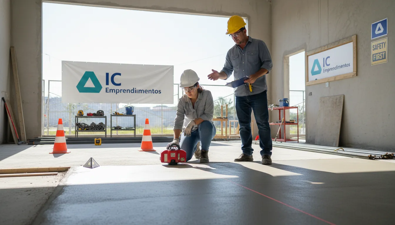 Arquiteta e engenheiro inspecionam concreto com laser, garantindo qualidade em empresa de construção civil.
