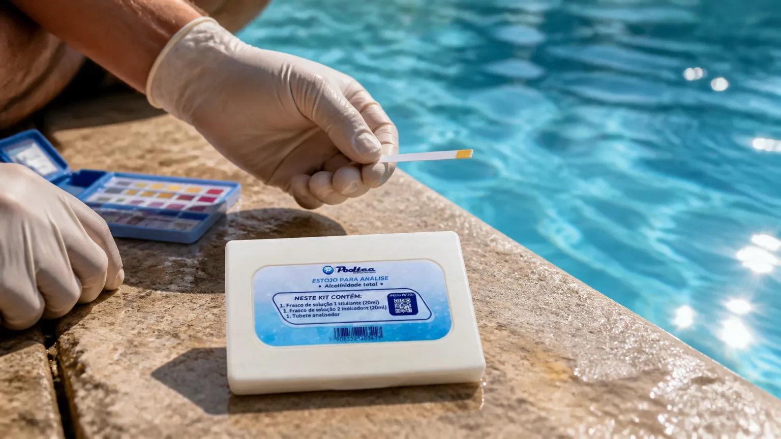 Controle da alcalinidade da piscina com teste de água e produto essencial para manutenção.