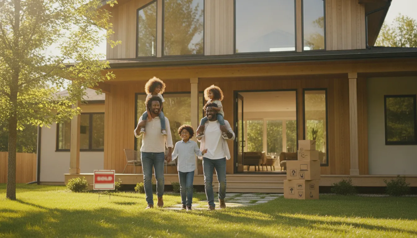 Família feliz entrando na casa nova, após aprovação home equity e realização de sonhos.