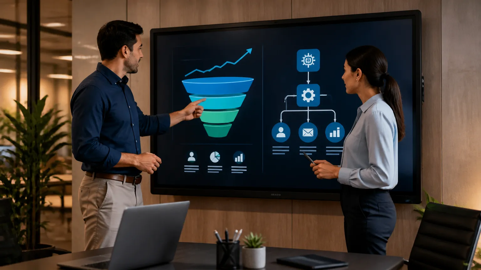 Equipe comercial utilizando IA para otimizar funil de vendas e conversão de leads