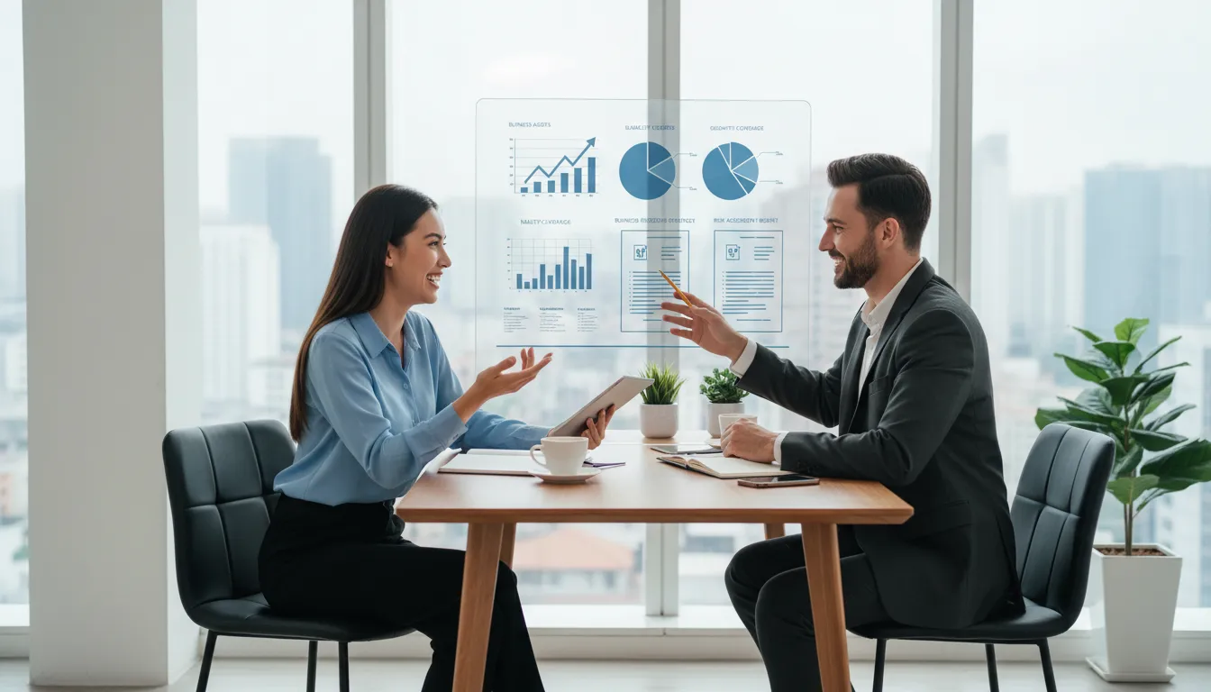 Empresário analisando opções de seguro com consultor financeiro em escritório, mostrando análise e escolha assertiva.