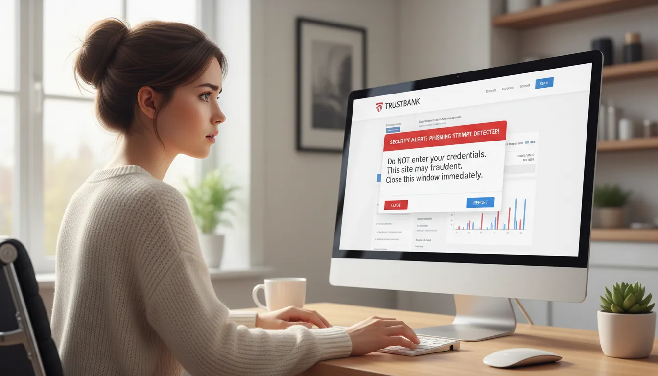 Mulher percebe um pop-up suspeito ao acessar conta bancária, demonstrando atenção a golpes digitais.