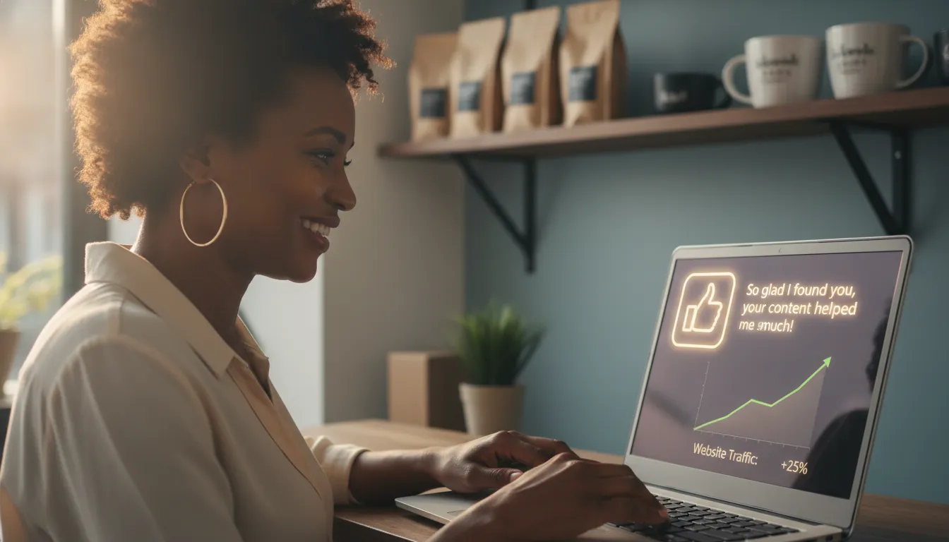 Empreendedor sorridente vê resultados positivos de marketing de conteúdo, com depoimentos clientes e tráfego web.