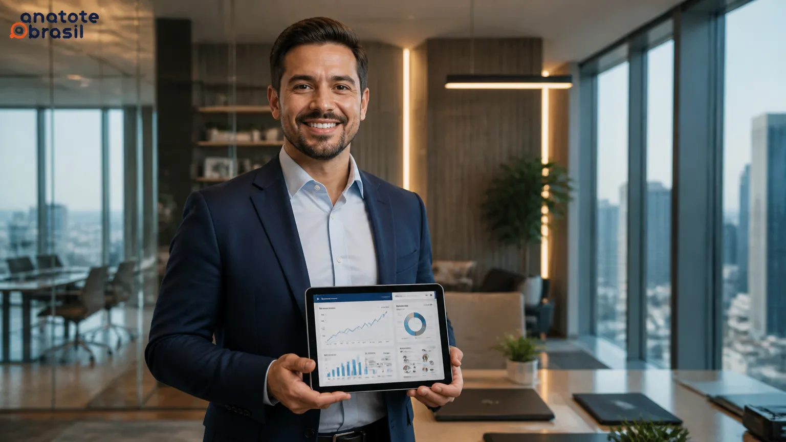 Consultor de consórcio experiente atuando como representante PJ em escritório moderno corporativo.