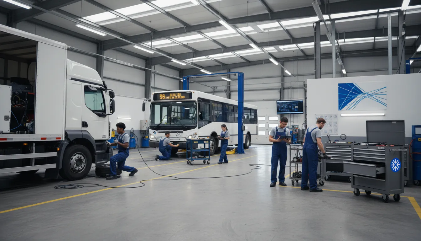 Equipe de mecânicos trabalhando na manutenção da frota, com apoio de crédito para peças e serviços.