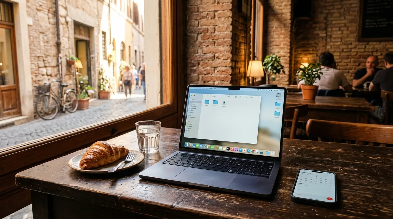 Notebook em mesa de cafe italiano rustico para trabalho remoto e home office na Itália.