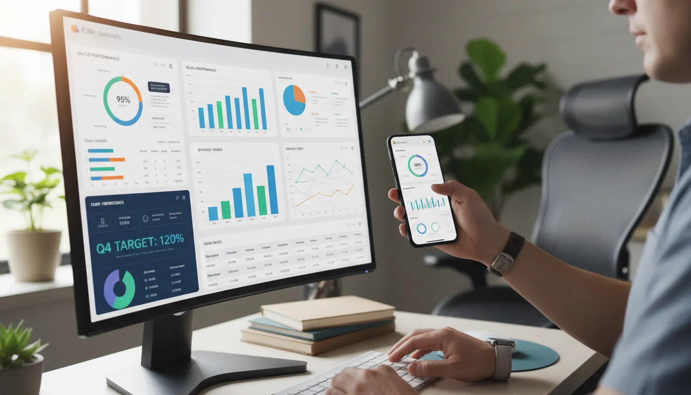 Telas com dashboards de CRM e relatórios de vendas acessíveis em computador e celular