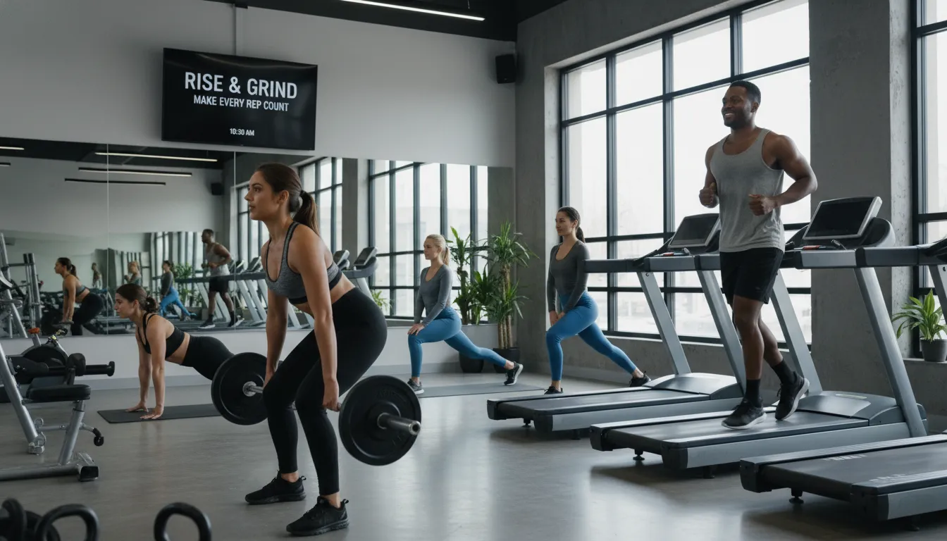 Grupo diverso em academia moderna realizando diferentes exercícios com expressão de foco e satisfação