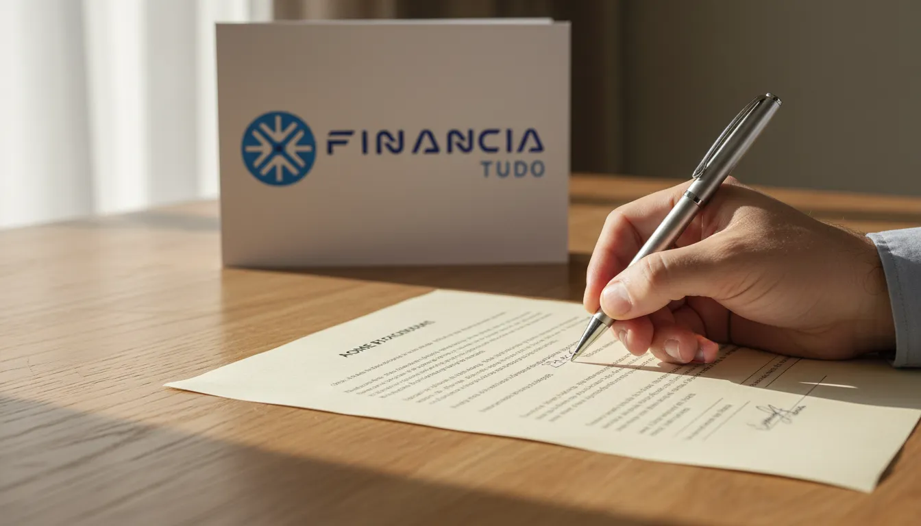Mão assina contrato de refinanciamento de imóvel para investir; brochure da Financia Tudo ao fundo.