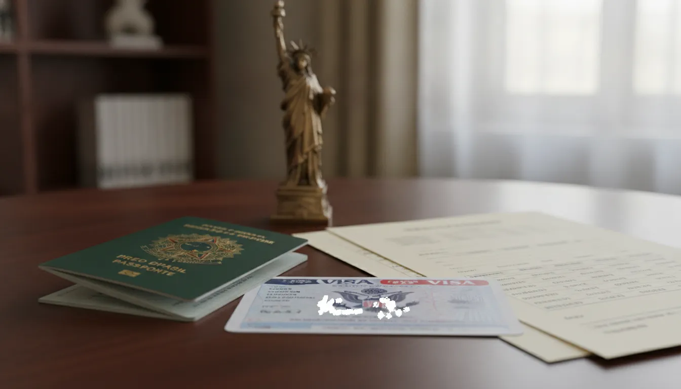 Passaporte brasileiro e documentos financeiros sobre mesa, representando desafios de declarar heranca eua brasileiro.