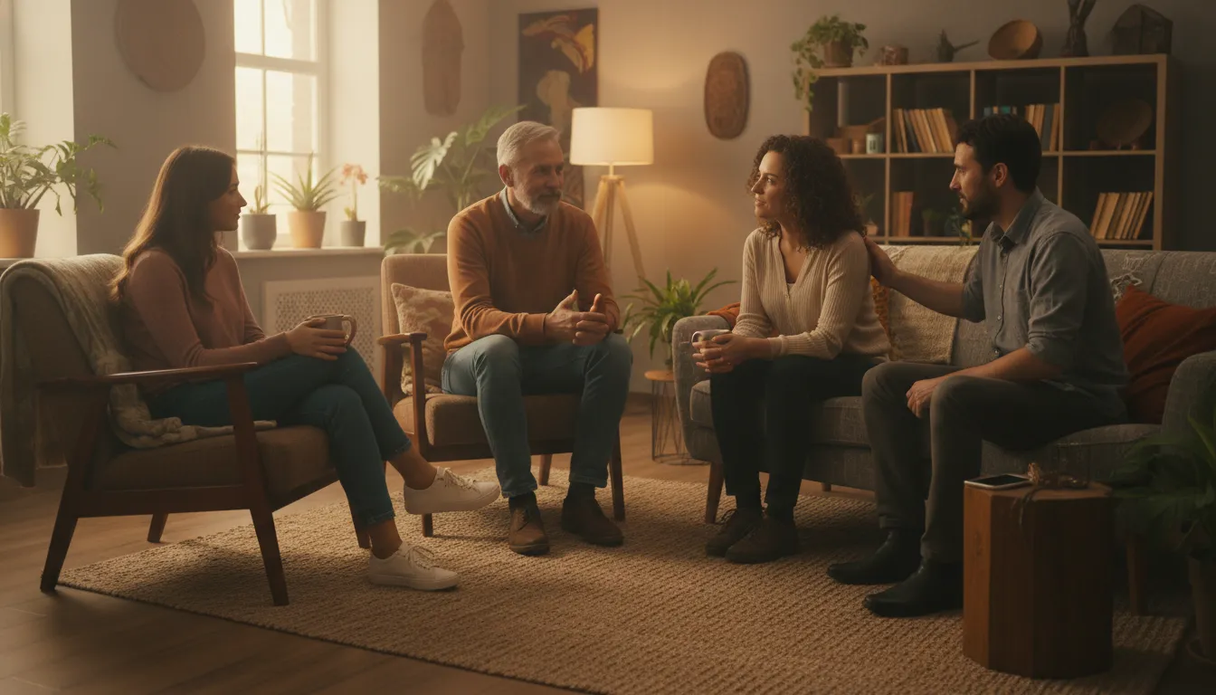 Grupo de pessoas conversando em apoio mútuo, refletindo a importância da saúde mental e conexão na fome emocional.