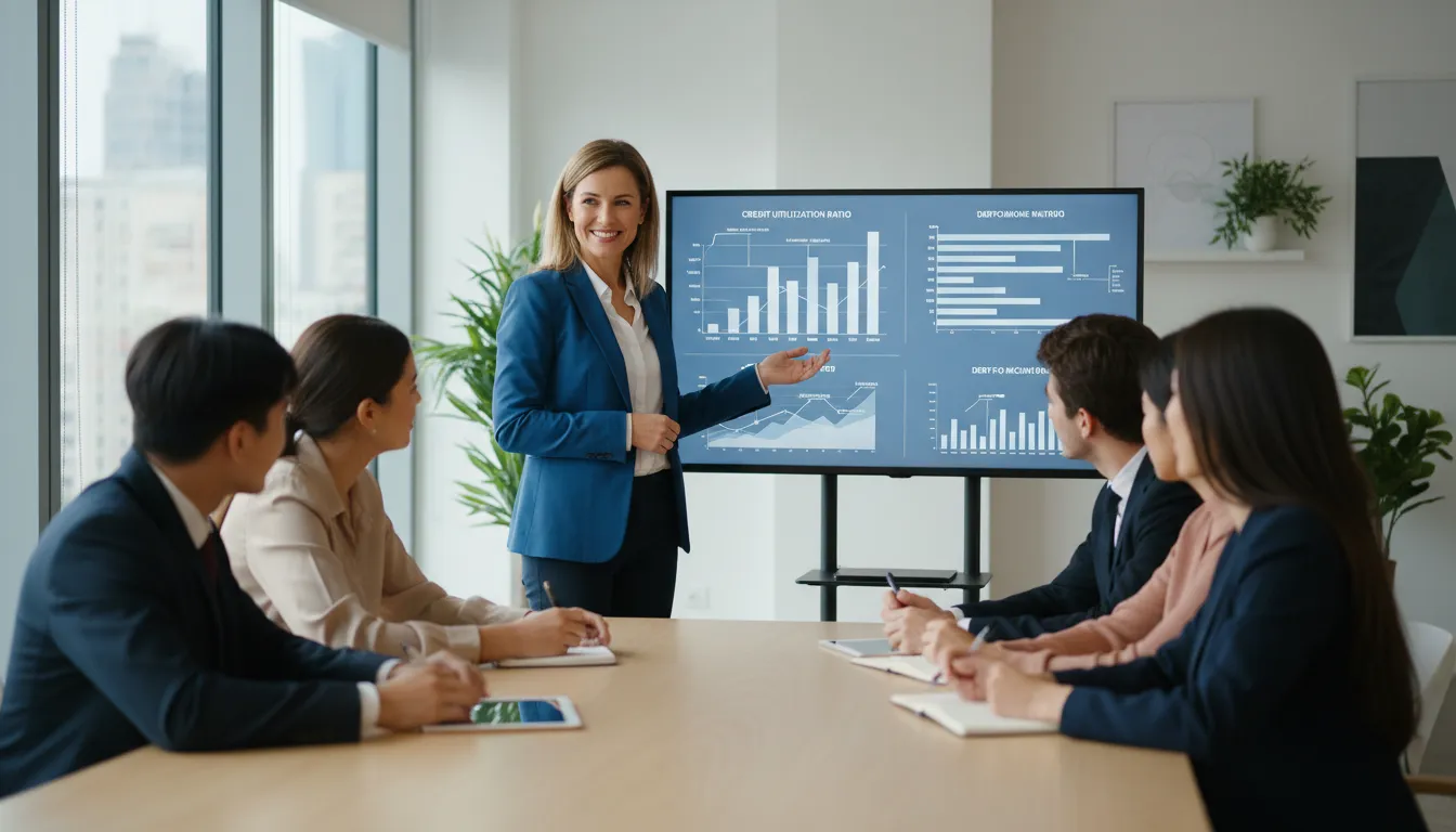 Consultor financeiro apresentando conceitos de score a jovens adultos