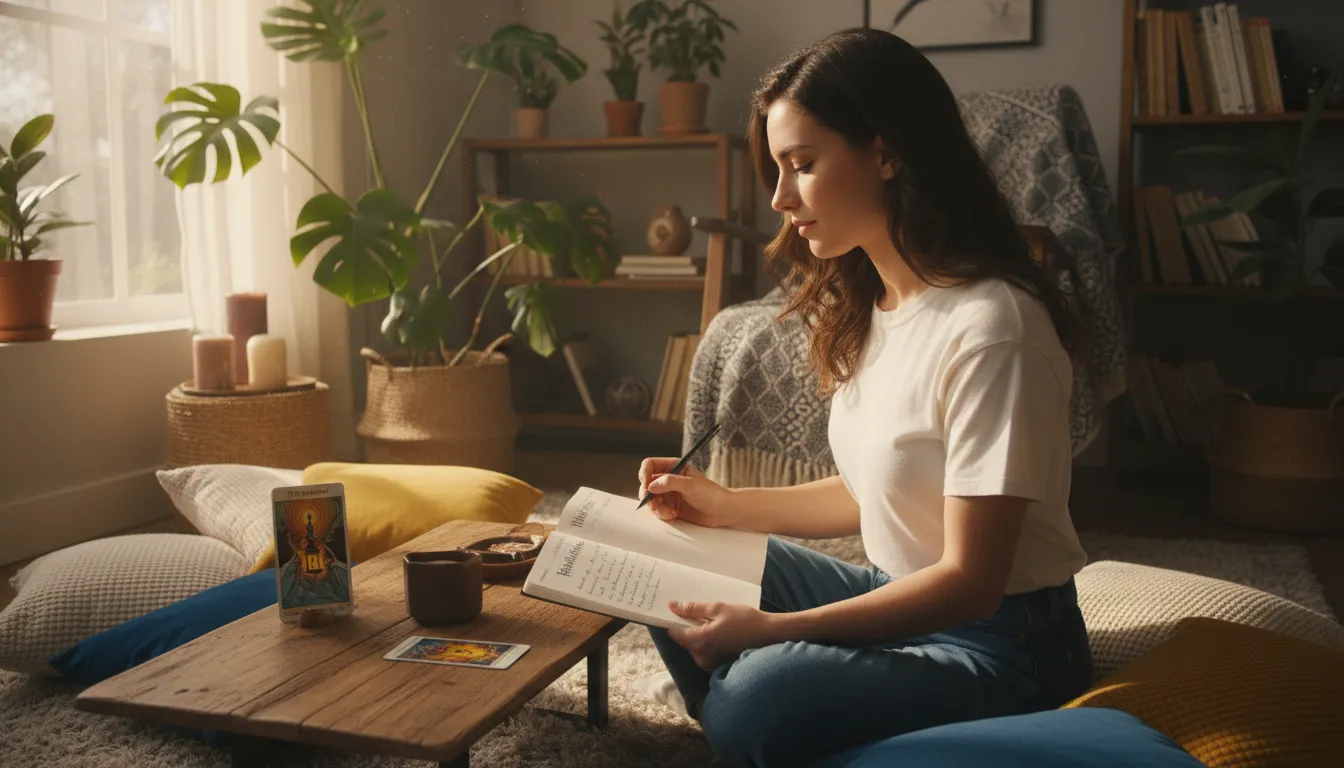 Descubra como o Tarot pode revolucionar sua jornada pessoal Pessoa jovem anota em diário ao lado de cartas de Tarot, em ambiente doméstico acolhedor.