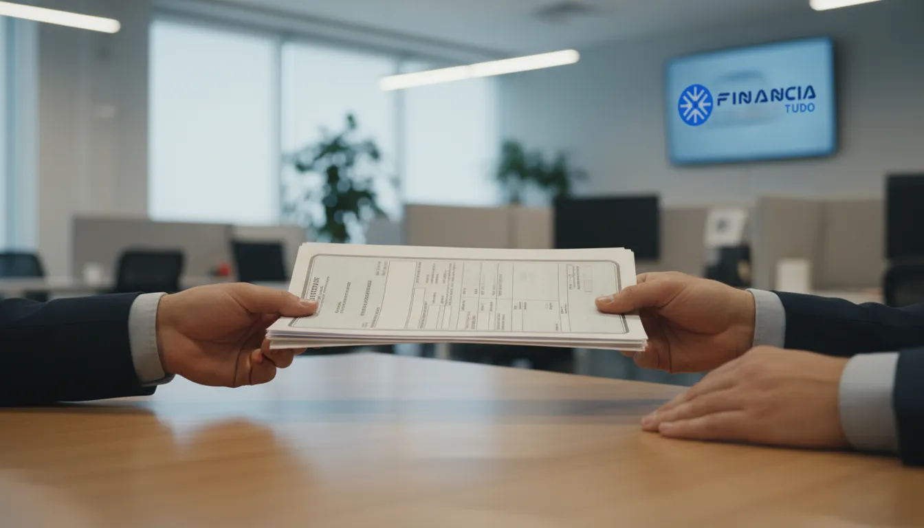 Close-up de documentos de título de caminhão sendo entregues como garantia para um empréstimo financeiro.