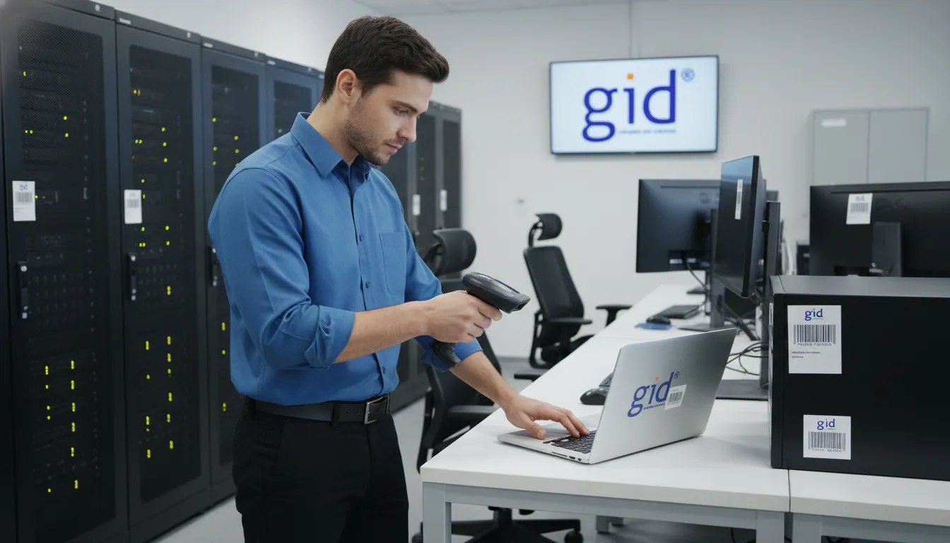 Um funcionário utiliza um scanner moderno para registrar ativos de forma eficiente, com etiquetas de patrimônio fixadas em laptops e outros equipamentos, simbolizando a agilidade do inventário.