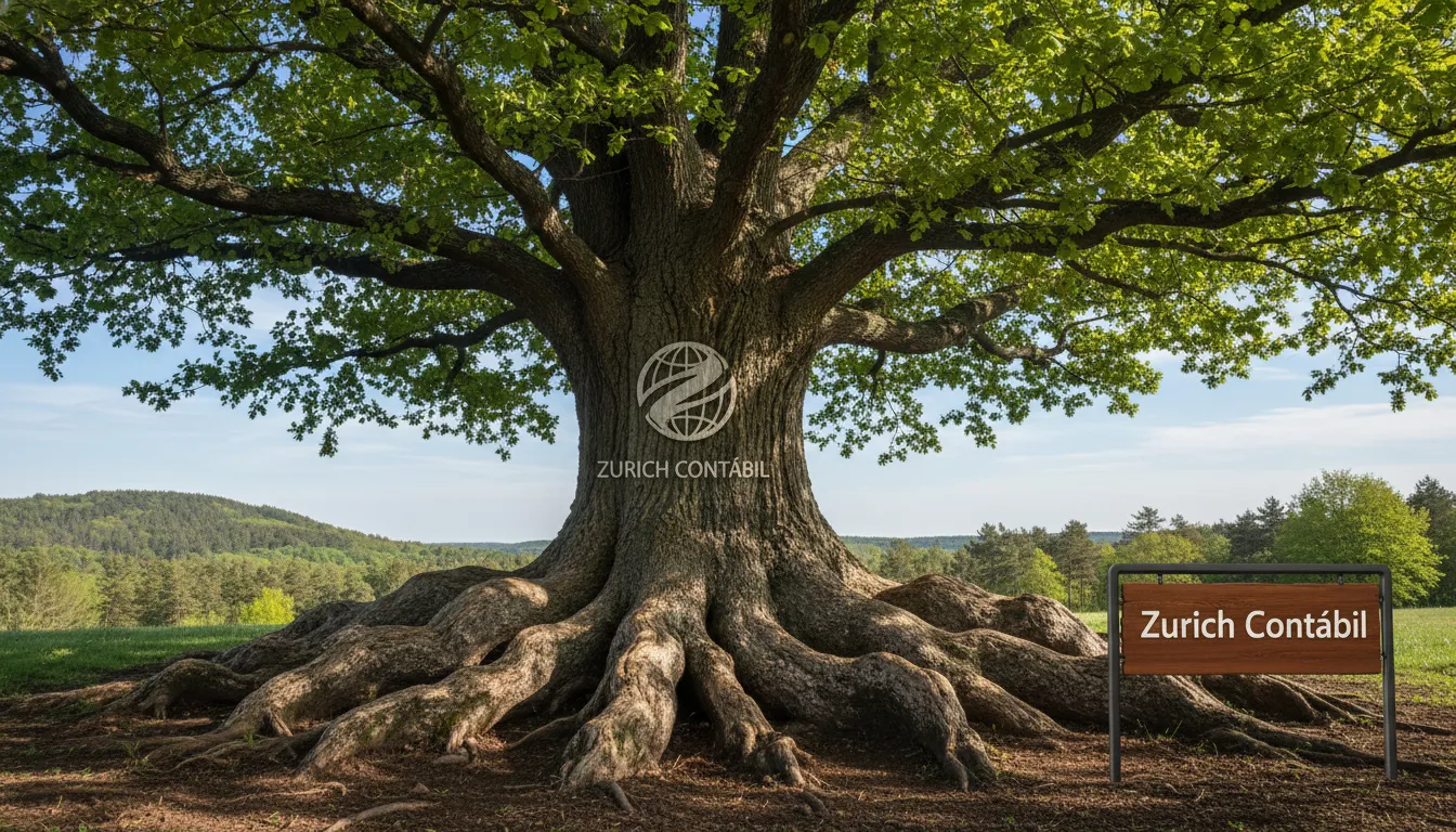 Ilustração de uma árvore com raízes fortes representando os ativos de uma família, simbolizando a segurança e o crescimento proporcionados pela holding patrimonial familiar, com Zurich Contábil.