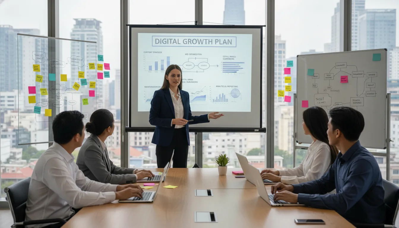 Profissional apresentando estratégias de marketing digital em escritório moderno