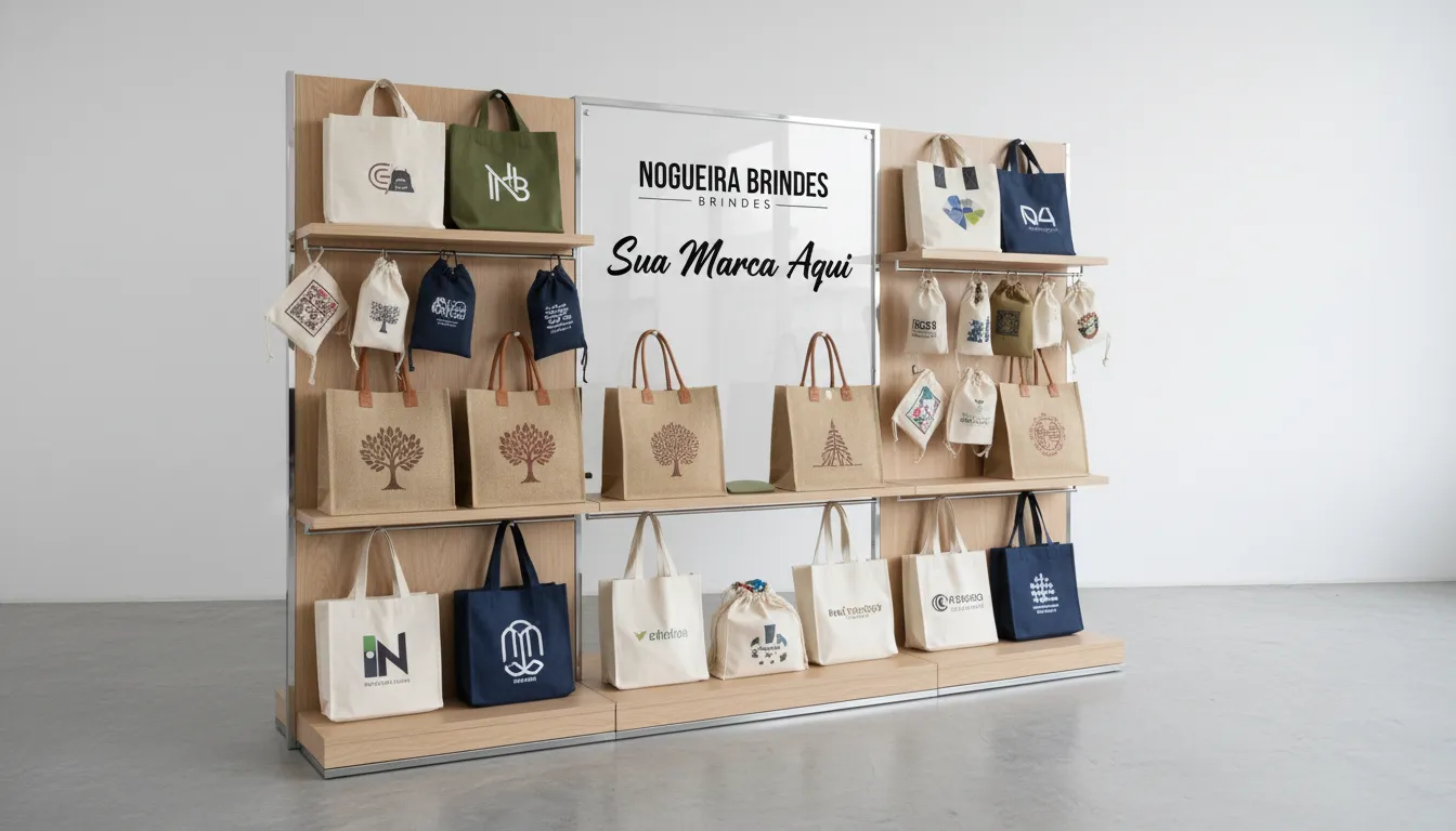 Exposição elegante de designs e opções de personalização de ecobags da Nogueira Brindes, mostrando a versatilidade da ecobag personalizada.