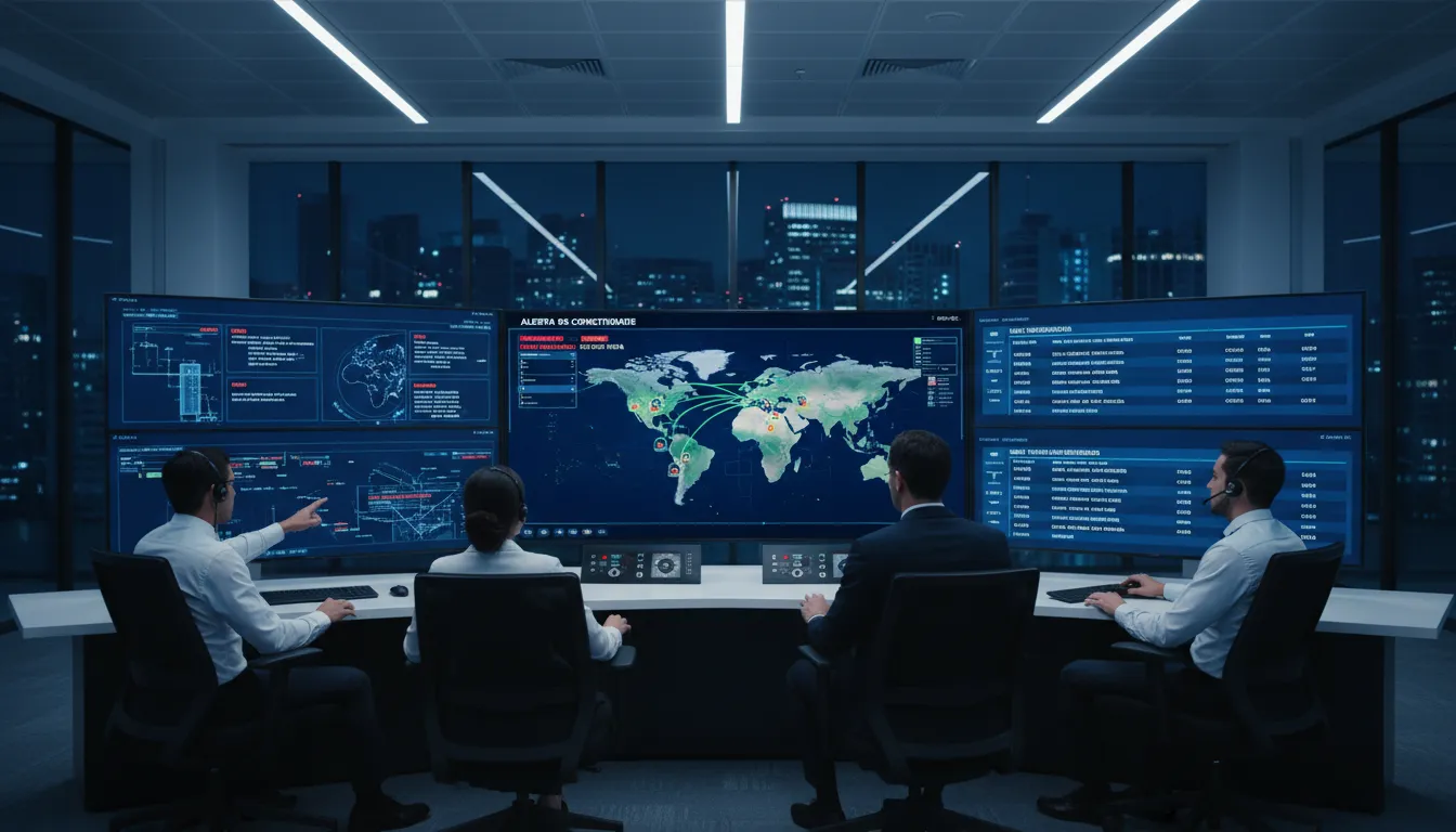 Sala de monitoramento digital com operadores rastreando veículos em tempo real