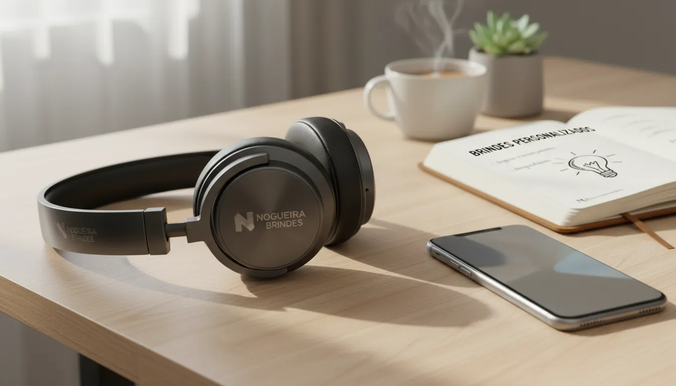 Fones de ouvido personalizados com a marca Nogueira Brindes repousam sobre uma mesa de madeira, ao lado de um smartphone e um caderno, criando uma atmosfera de calma e foco.