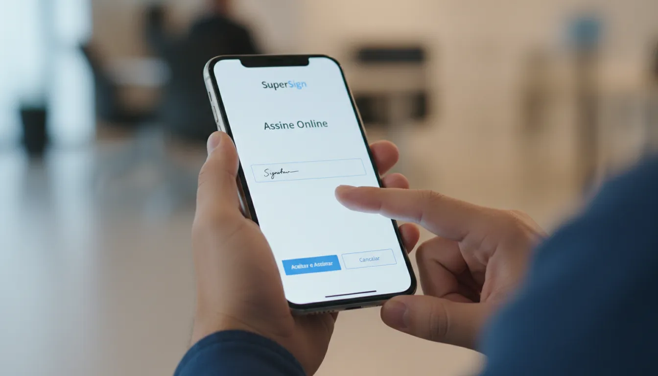 Close-up de uma assinatura eletrônica em um contrato de prestação de serviços simples, realizada através da plataforma SuperSign em um smartphone.