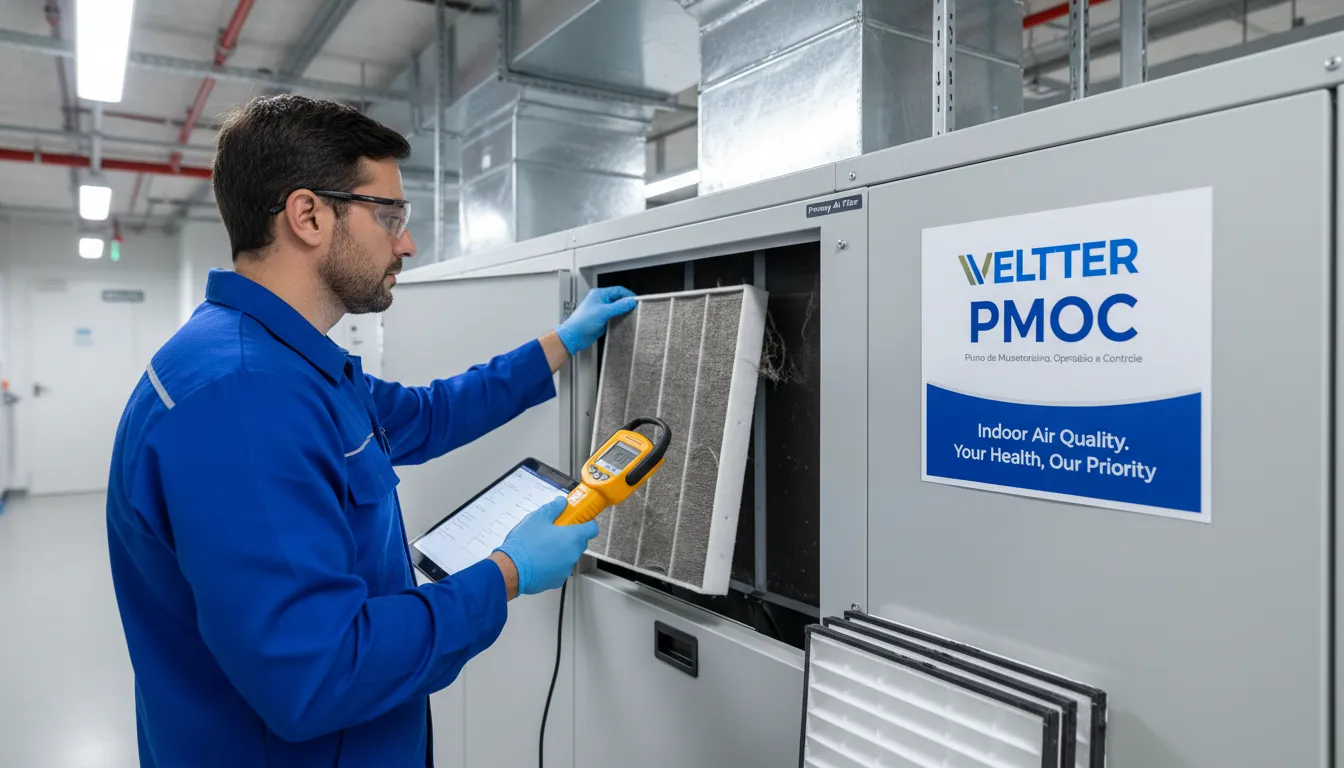 Técnico inspecionando sistema HVAC para garantir a qualidade do ar no trabalho, com foco na manutenção preventiva da Veltter.