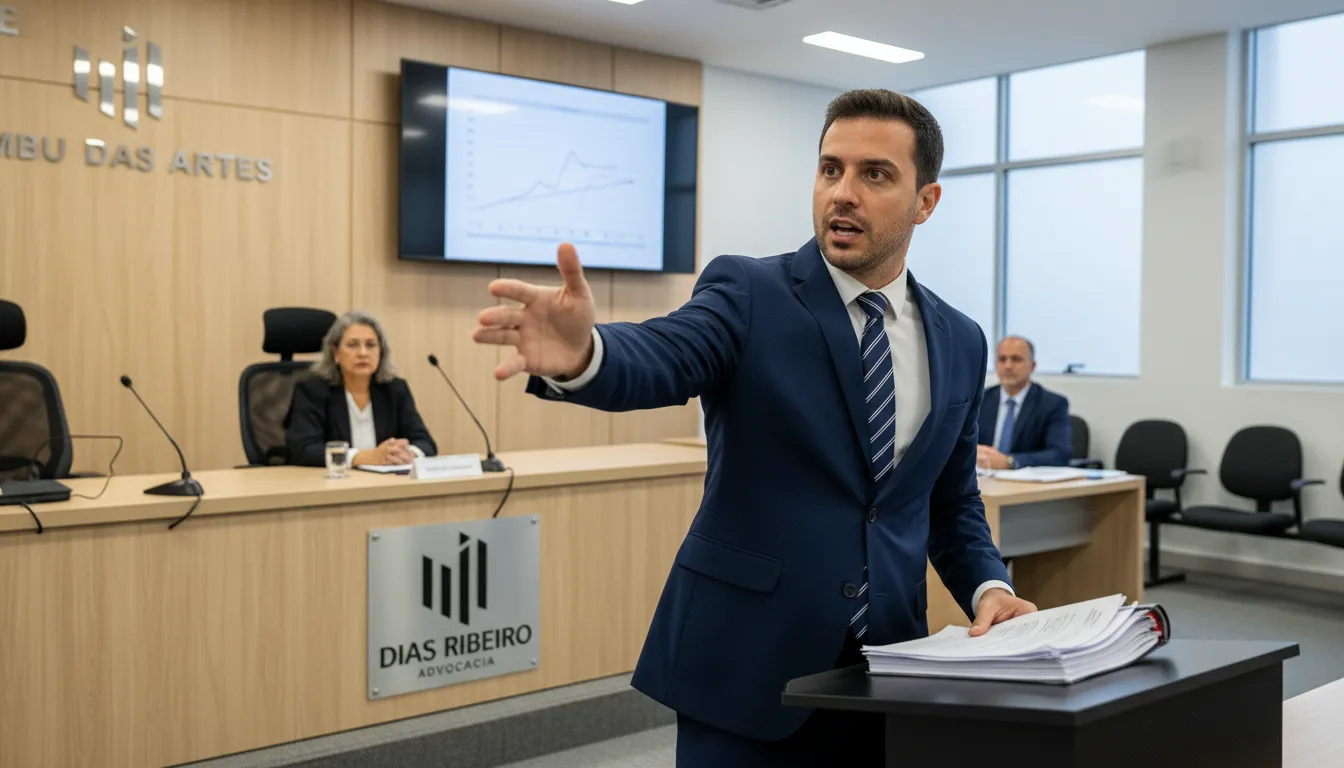 Em um tribunal, advogado da Dias Ribeiro Advocacia defende caso de direitos à saúde em Embu das Artes.