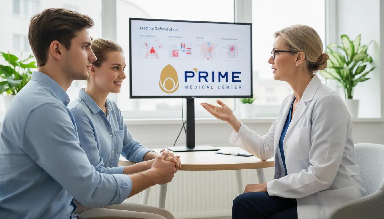 Jovem casal de mãos dadas no consultório médico, buscando soluções e tratamento para a disfunção erétil jovem com esperança.