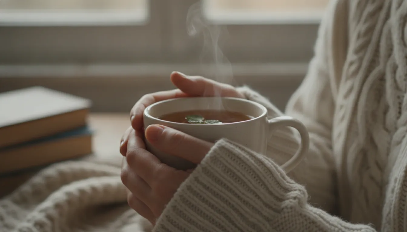 Mãos segurando caneca fumegante de chá de ervas, transmitindo conforto e hidratação na alimentação no inverno.