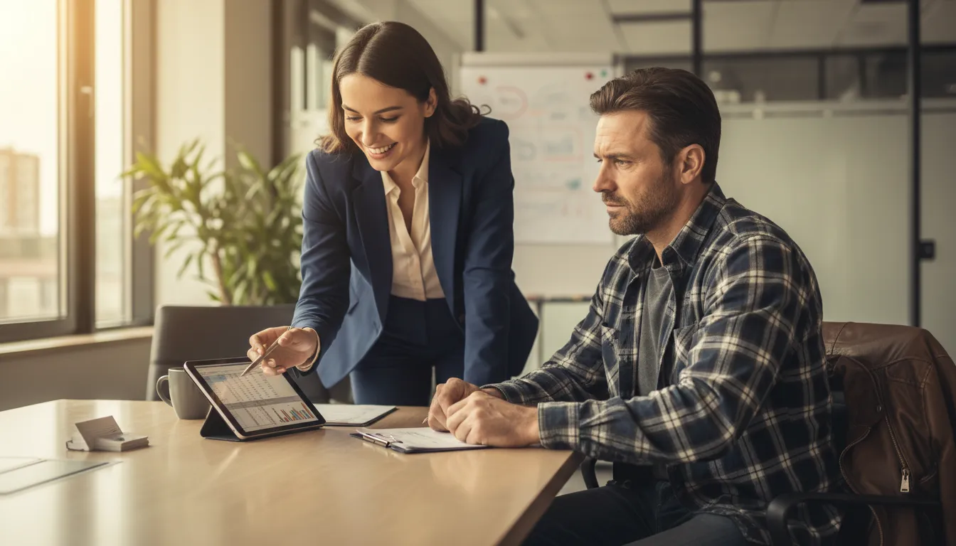 Especialista financeiro orientando caminhoneiro sobre melhores opções de financiamento em escritório moderno.