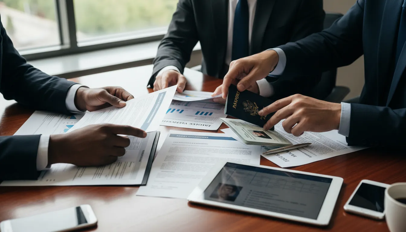 Mesa de escritório com documentos, passaportes e empreendedores organizando papelada para abertura de conta