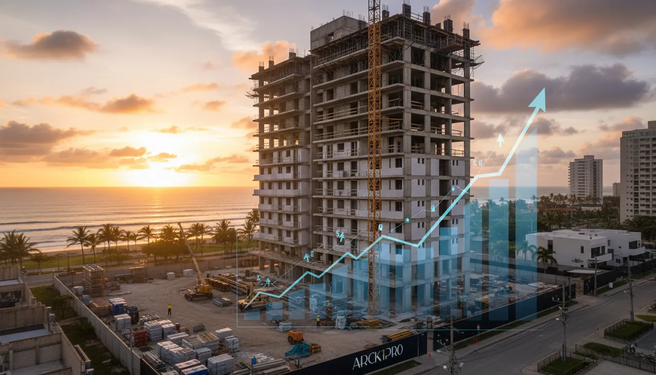 Edifício de luxo em construção no litoral, com projeção de gráfico financeiro simbolizando sucesso incorporação imobiliária.