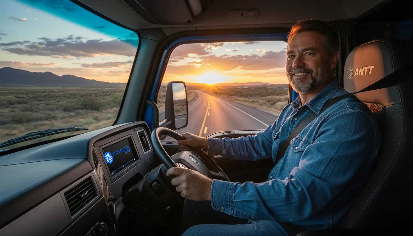 Caminhoneiro sorrindo e dirigindo em rodovia, representando o sucesso e tranquilidade com a ANTT regularizada.