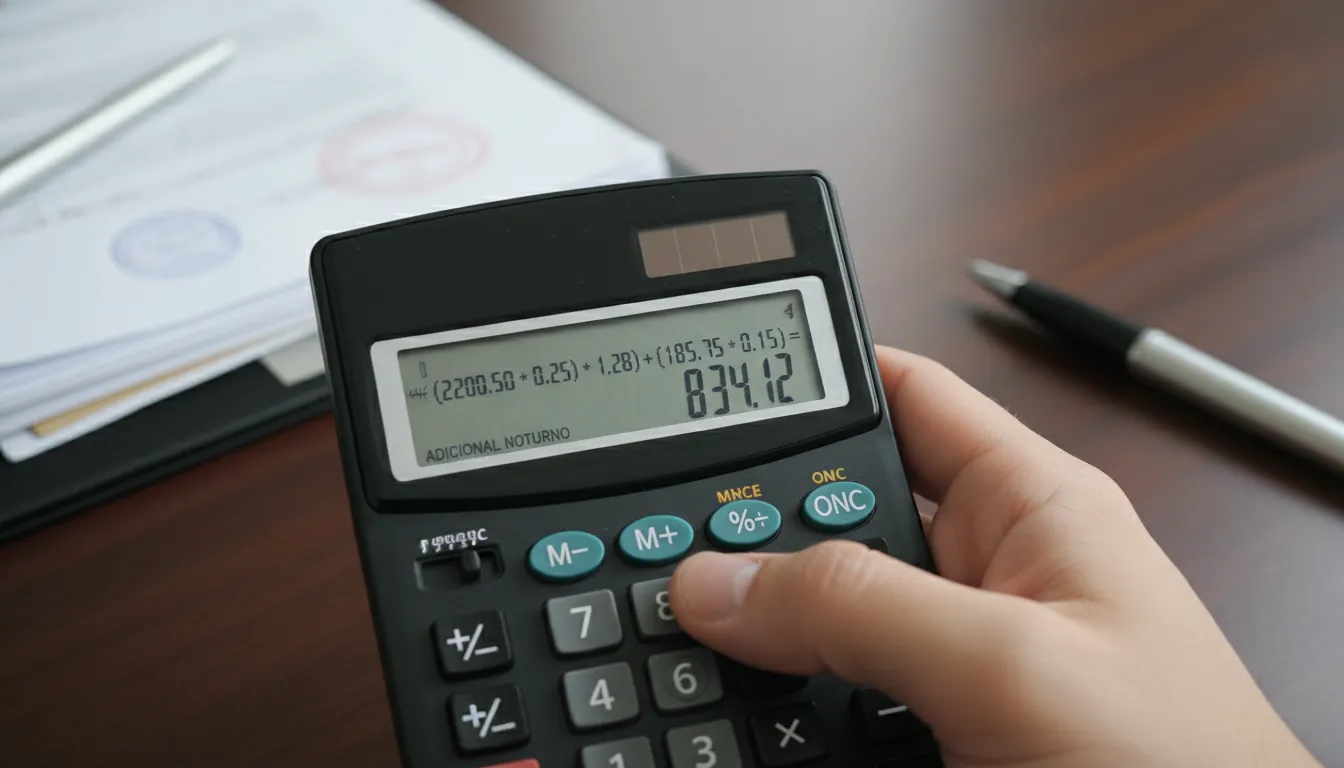 Mão calcula adicional noturno em calculadora, com documentos legais desfocados ao fundo, detalhe preciso.