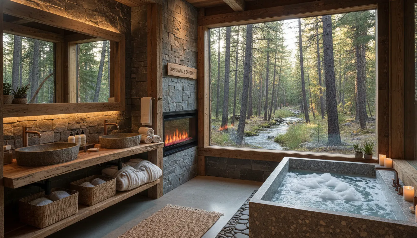 Banheiro de cabana de luxo rústica com lareira elétrica e vista para o verde