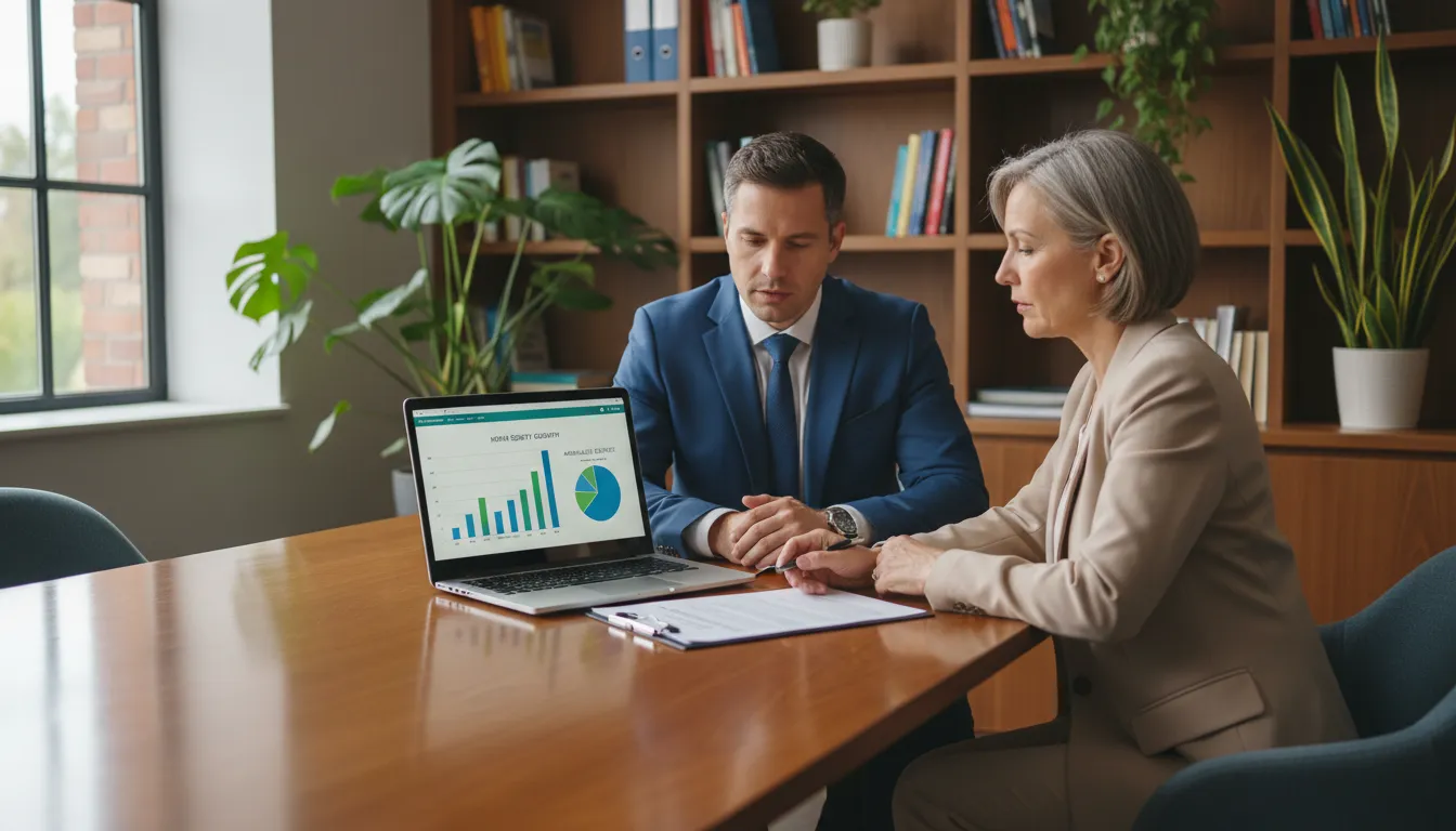 Consultor financeiro orientando cliente sobre empréstimo home equity em escritório moderno