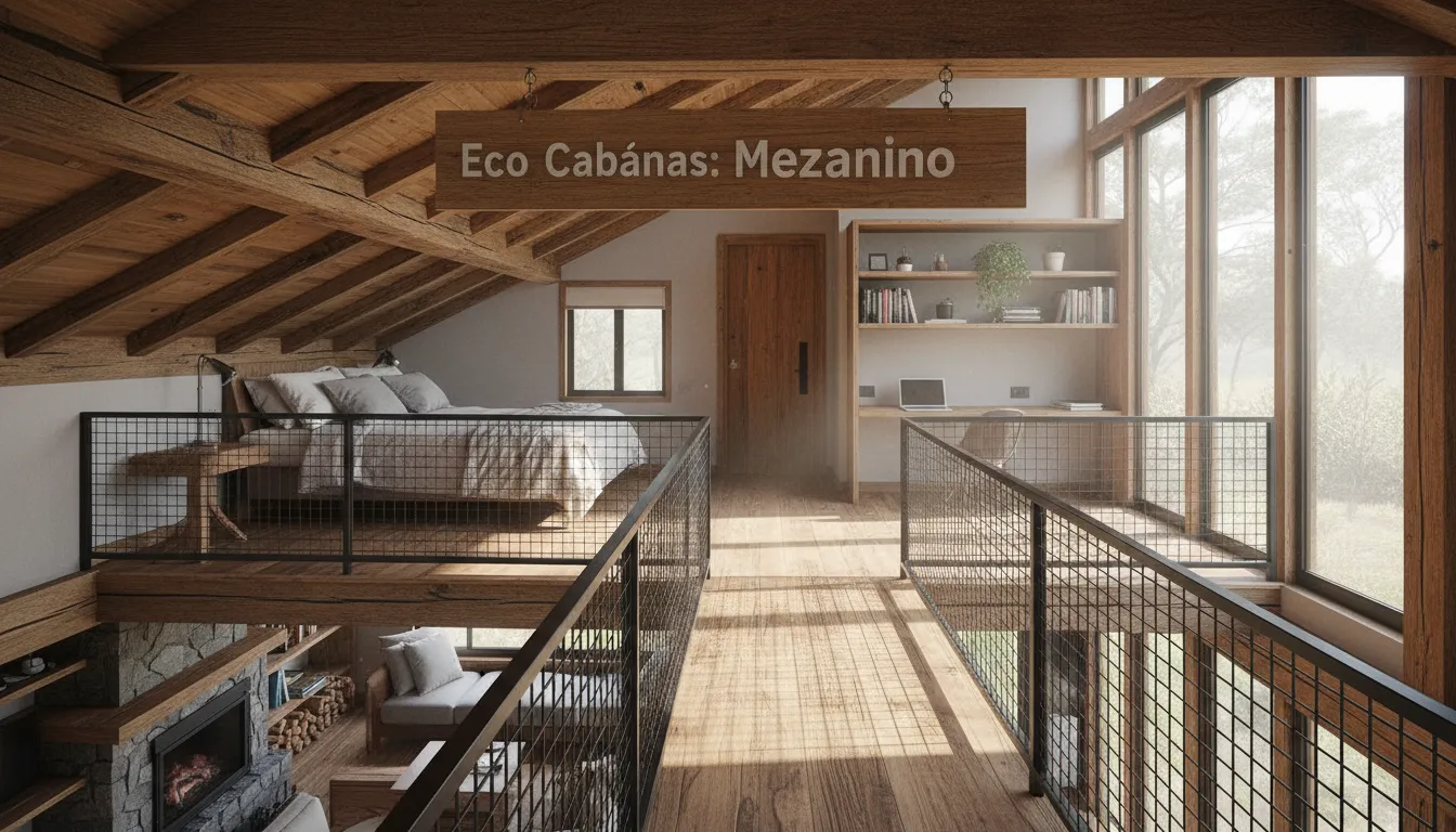 Detalhe do mezanino em uma cabana, enfatizando o design arquitetônico, as características de economia de espaço e a iluminação natural.