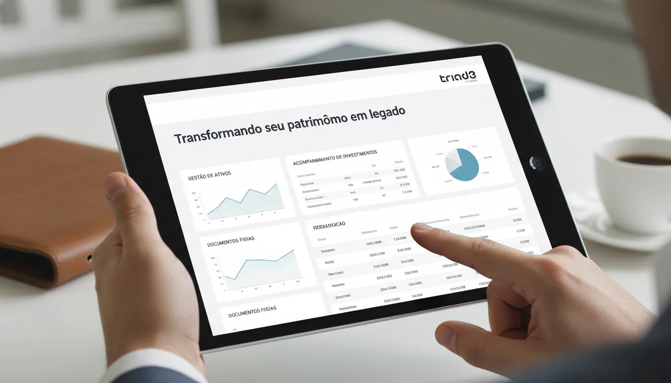 Mãos utilizando tablet com app de planejamento financeiro para a restituição imposto de renda, simplificando a gestão.