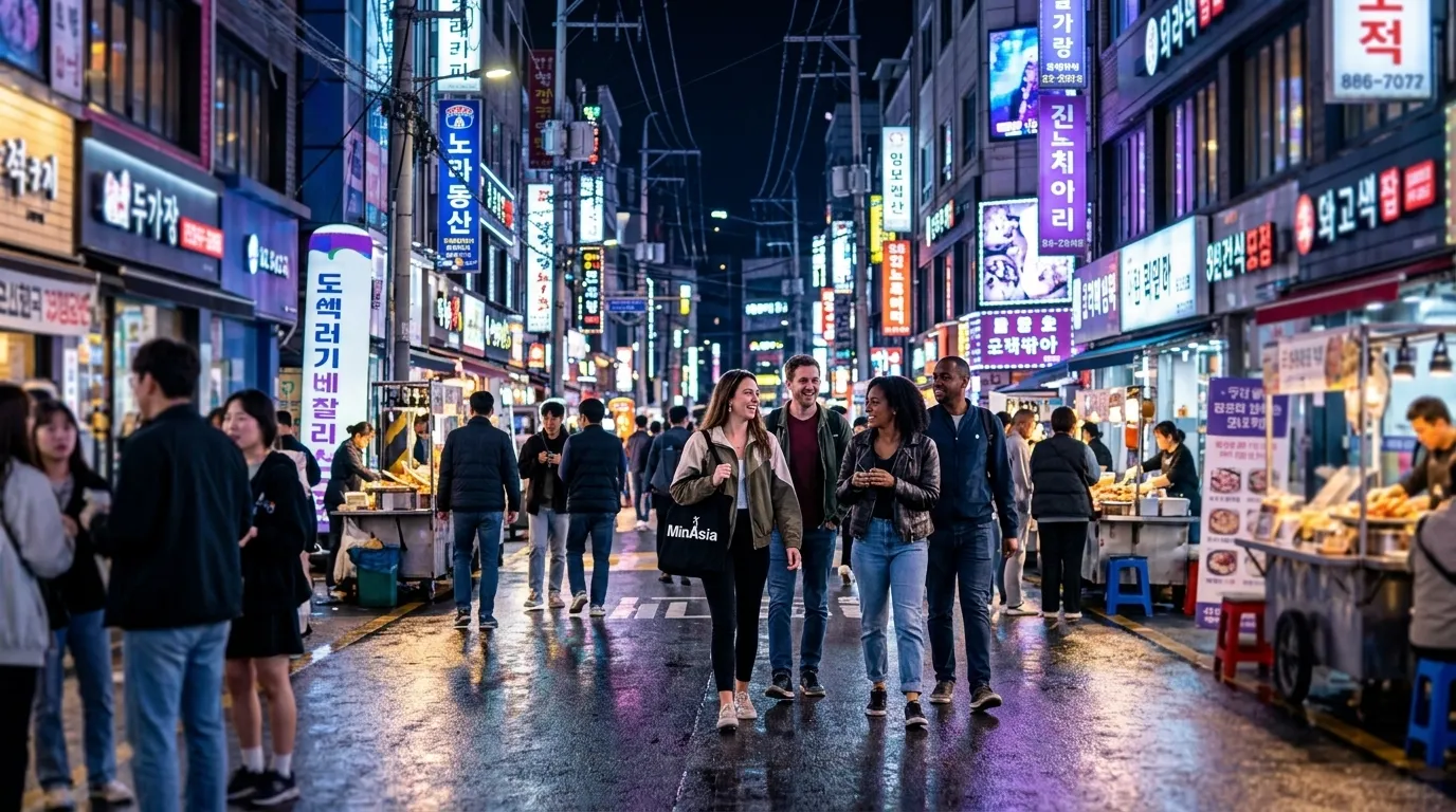 Viajantes explorando vida noturna moderna no pacote Coreia do Sul com roteiro exclusivo MinÁsia.
