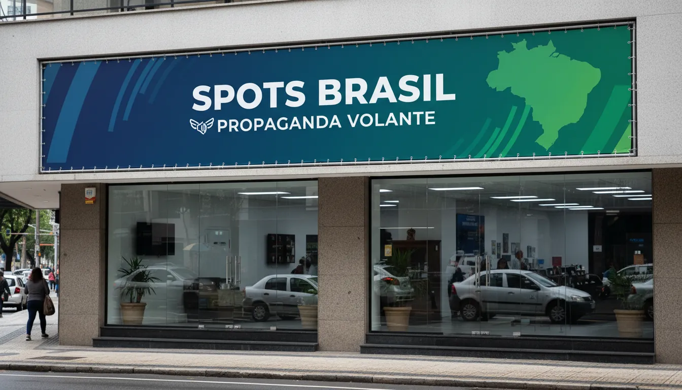 Loja com banner chamativo anunciando propaganda volante e para carro de som, com destaque para a Spots Brasil.